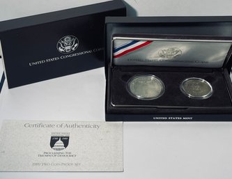 1989 UNITED STATES CONGRESSIONAL COMMEMORATIVE SILVER TWO-COIN PROOF SET - IN BOX, CASE & COA