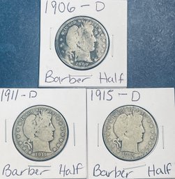 Lot (3) 1906-D, 1911-D & 1915-D SILVER BARBER HALF DOLLAR COINS IN FLIPS