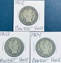 LOT (3) 1902, 1903 & 1904 BARBER SILVER HALF DOLLAR COINS -IN FLIPS