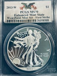 2013-W US SILVER AMERICAN EAGLE-1 0ZT 99.9 FINE SILVER-PCGS MS70-ENHANCED MINT STATE- WEST POINT- FIRST STRIKE