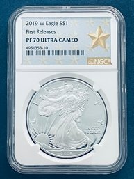 2019 W SILVER AMERICAN EAGLE $1 99.9 FINE- FIRST RELEASES -NGC GRADED-PF 70 ULTRA CAMEO -GOLD STAR