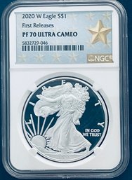 2020 W SILVER AMERICAN EAGLE $1 99.9 FINE- FIRST RELEASES -NGC GRADED- PF 70 ULTRA CAMEO - GOLD STAR