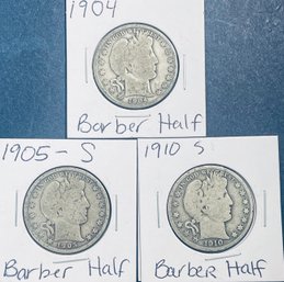 Lot (3) 1904, 1905-S & 1910-S SILVER BARBER HALF DOLLAR COINS IN FLIPS