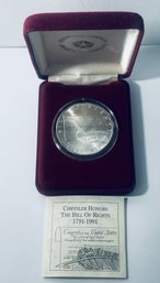 1991 CHRYSLER HONORS 200TH ANNIV THE BILL OF RIGHTS-1791-1991-1 OZT .999 FINE SILVER ROUND COIN-IN DISPLAY BOX