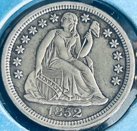 1852 SEATED LIBERTY SILVER DIME COIN - XF!