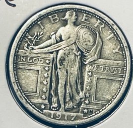 1917 STANDING LIBERTY SILVER QUARTER COIN - TYPE 1 - FINE PLUS - IN FLIP