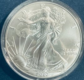 2002 SILVER AMERICAN EAGLE ONE OZT 99.9 PERCENT FINE SILVER ROUND COIN IN PLASTIC CAPSULE