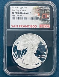 2018 S SILVER AMERICAN EAGLE $1 99.9 FINE- FIRST DAY OF ISSUE -NGC GRADED- PF 70  ULTRA CAMEO