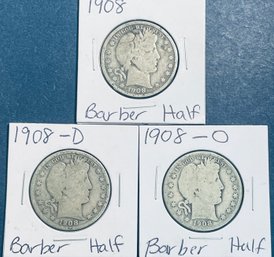 LOT (3) 1908, 1908-D & 1908-O BARBER SILVER HALF DOLLAR COIN -IN FLIPS
