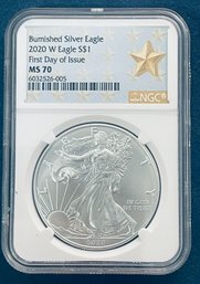 2020 W SILVER AMERICAN EAGLE $1 99.9 FINE- FIRST DAY OF ISSUE -NGC GRADED- MS 70 - GOLD STAR