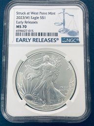 2023 W SILVER AMERICAN EAGLE $1 99.9 FINE SILVER -STRUCK WEST POINT MINT - EARLY RELEASES-NGC GRADED -MS70