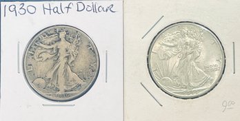 1930 & 1944 WALKING LIBERTY SILVER HALF DOLLAR COINS IN FLIPS