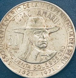 1971 PERU UN SOL SILVER SESQUINCENTENARIO RIO DE LA INDEPENDENCIA DE PERU COMMEMORATIVE COIN