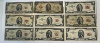 LOT (9) $2 TWO DOLLAR RED SEAL UNITED STATES NOTES-INCLUDES SERIES: 1928, 1953 & 1963 - NICE MIX!