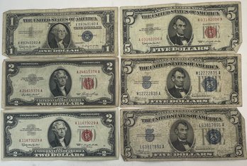 (6)US NOTES & SILVER CERTIFICATES-$1 & (2) $5 SILVER CERTIFICATES, (2) $2 US NOTES & $5 FEDERAL RESERVE NOTE
