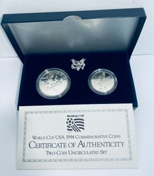 1994 UNITED STATES WORLD CUP USA COMMEMORATIVE TWO-COIN UNCIRCULATED SET - IN BOX, CASE & COA