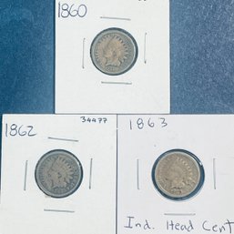 LOT (3) INDIAN HEAD CENT PENNY COINS - 1860, 1862 & 1863