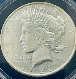 1926-D PEACE SILVER DOLLAR COIN -BETTER DATE! IN PLASTIC CAPSULE