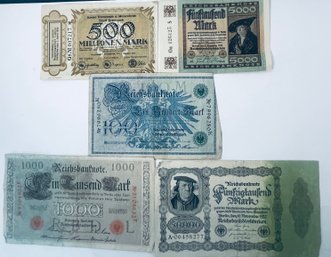 GREAT LOT (5) GERMAN 100 YEAR OLD PAPER MONEY - INCLUDES 500 MILLION MARK NOTE -  SEE PICTURES!