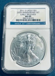 2011 S SILVER AMERICAN EAGLE $1 99.9 PERCENT FINE SILVER ROUND-25TH ANNIV SET-EARLY RELEASES -NGC GRADED -MS69