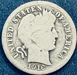 1916-S BARBER SILVER DIME TEN CENT COIN