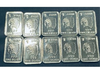 VINTAGE COLLECTIBLE BULLION - (10) 1 GRAM .999 PURE SILVER BULLION INGET BARS - NATIVE AMERICAN THEME