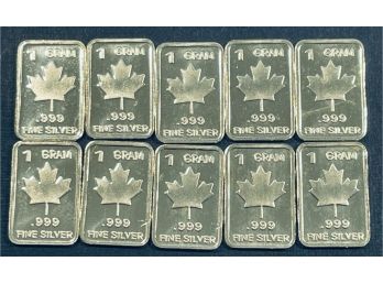 VINTAGE COLLECTIBLE BULLION - (10) 1 GRAM .999 PURE SILVER BULLION INGET BARS - CANADA MAPLE LEAF THEME