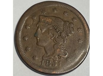 1851 BRAIDED HAIR LARGE CENT PENNY COIN