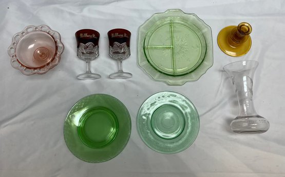 Assorted Dishes, Set Of 4 Green Glass Plates, Serving Plate, Vase, Candle Holder, Matching Goblets, Bowl