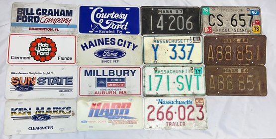 Collection Of Vintage License Plates, Massachusetts, Rhode Island, Ford, And Toyota