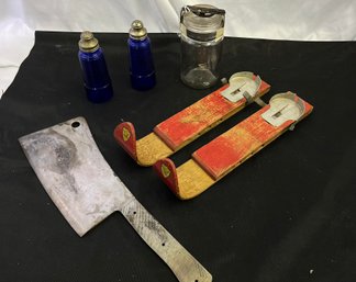 Assorted Items Including A Cleaver And Salt And Pepper Shakers