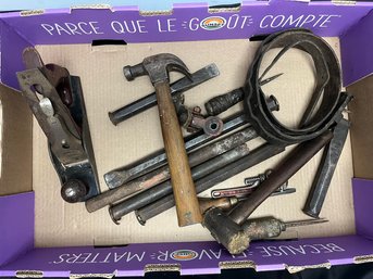 Box Of Belt Making Tools, Hammer, Mallet, And Stakes