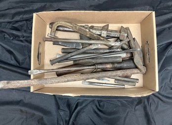 Box Of Assorted Tools, Wrench, Stakes