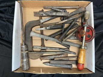 Box Of Assorted Tools, Stakes, Screwdriver