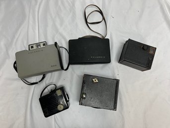 Five Antique Cameras, Polaroid And Kodak