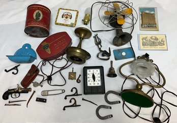 Antique Lamps, Fan, Timer, Postcards, Tin Boxes, And Other Miscellaneous Items