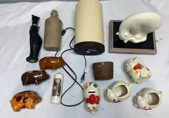 Vintage Lamp, Cat Figurine, Bear Statue, Vase, Pig Mugs, And Piggybanks