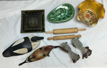 Antique Skates, Wooden Duck Figures, Rolling Pins, Dishes, And Italian Handpainted Bowl