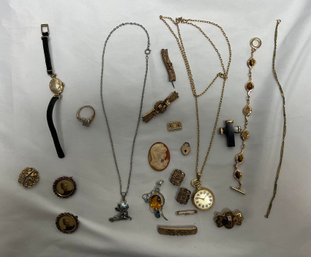 Lot Of Assorted Jewelry Including Watch, Rings, Pins, And Necklaces --SOME GOLD FILLED, VICTORIAN, SEE PHOTOS