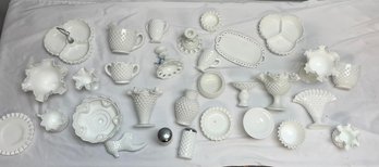 30 Piece Set Of Fenton Like White Glass With Bowls, Plates, Vases, Salt And Pepper Shakers, ETC.
