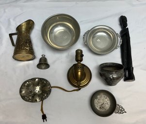 Pewter Dishes, Pitcher, Bell, Wall Lamp, And Statute