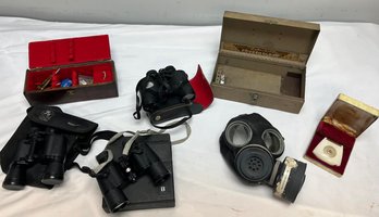 Lot Of Binoculars (bushnell, National Audubon Society), Gas Mask, Dart Game, And Schick