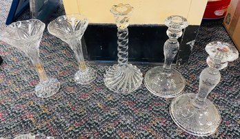 Pretty Crystal And Glass Bud Vases And Candle Sticks