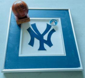 New York Yankees Items Including Wood Championship Baseball, Patch, And Button