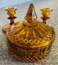 Brown-ish Gold Toned Glass Dish With Lid And 2 Candlestick Holders