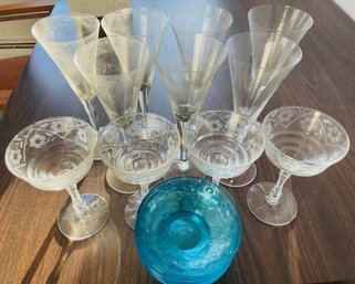 Pretty Champagne Flutes, Wine Glasses And Small Pretty Blue Glass Bowls / Candy Dishes