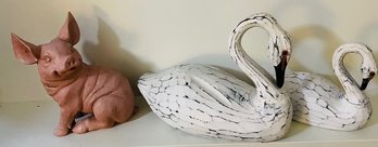 2 Wooden Geese And A Ceramic Pig - Adorable!