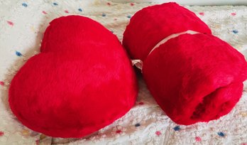 New - Bright Red Heart Shaped Pillow And Matching Throw...soft