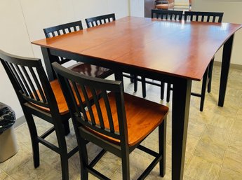Table With Leaf And 6 Chairs.  Bar Height - 54' X 54' With Leaf (54x42' Without) X 36'H