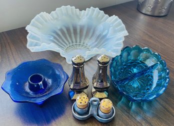 Nice Assortment Of Blue Glass Items - And 2 Cute Salt And Pepper Shaker Pairs